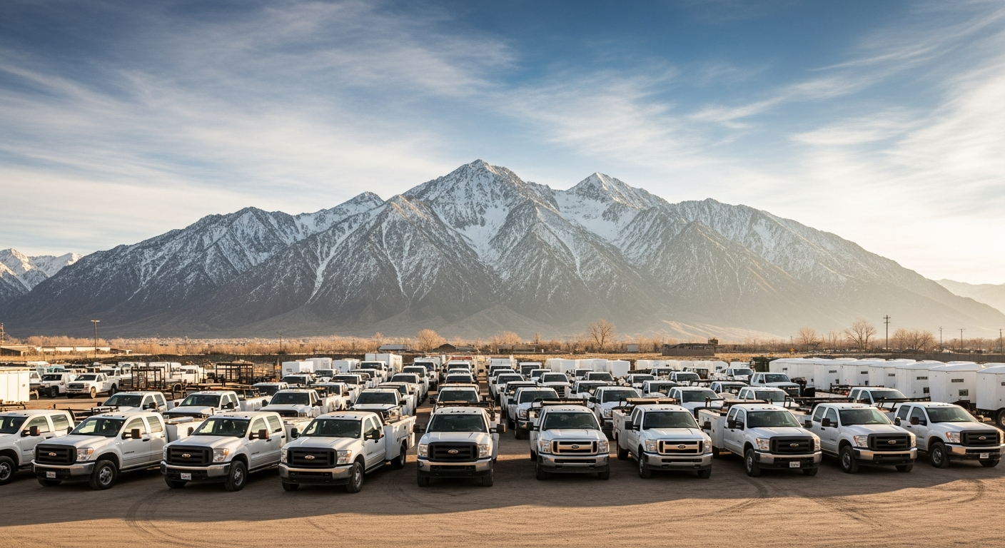 Fleet of pickup trucks and service vehicles with Wasatch Mountains in background