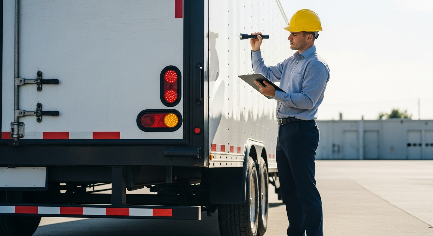 Inspector examining a 20-foot box trailer lights with flashlight and notebook