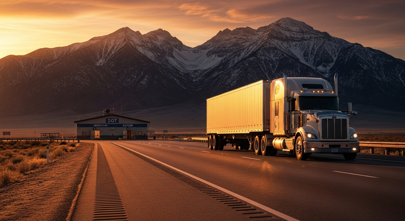 18-wheeler semi-truck cruising down a Utah highway at sunset — MobileXServices DOT annual inspection